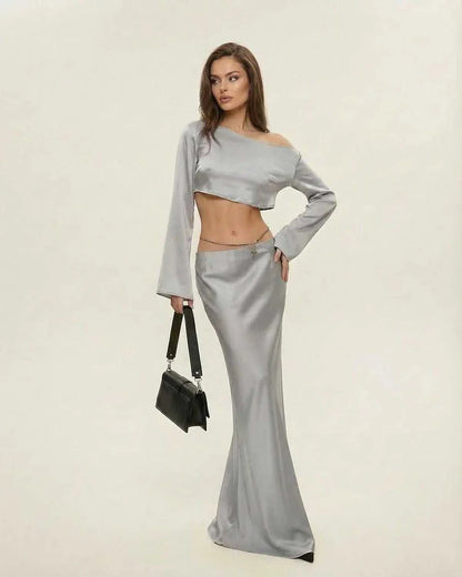 Silver Satin Wrap Round Neck Sleeveless Midi Dress | Gala Nights & Night Out, front view | Ramblion | SKU: NMD-582039471-silver-L-4380,NMD-582039471-silver-M-3729,NMD-582039471-silver-S-6980,NMD-582039471-silver-XL-9125,NMD-582039471-silver-XS-2735