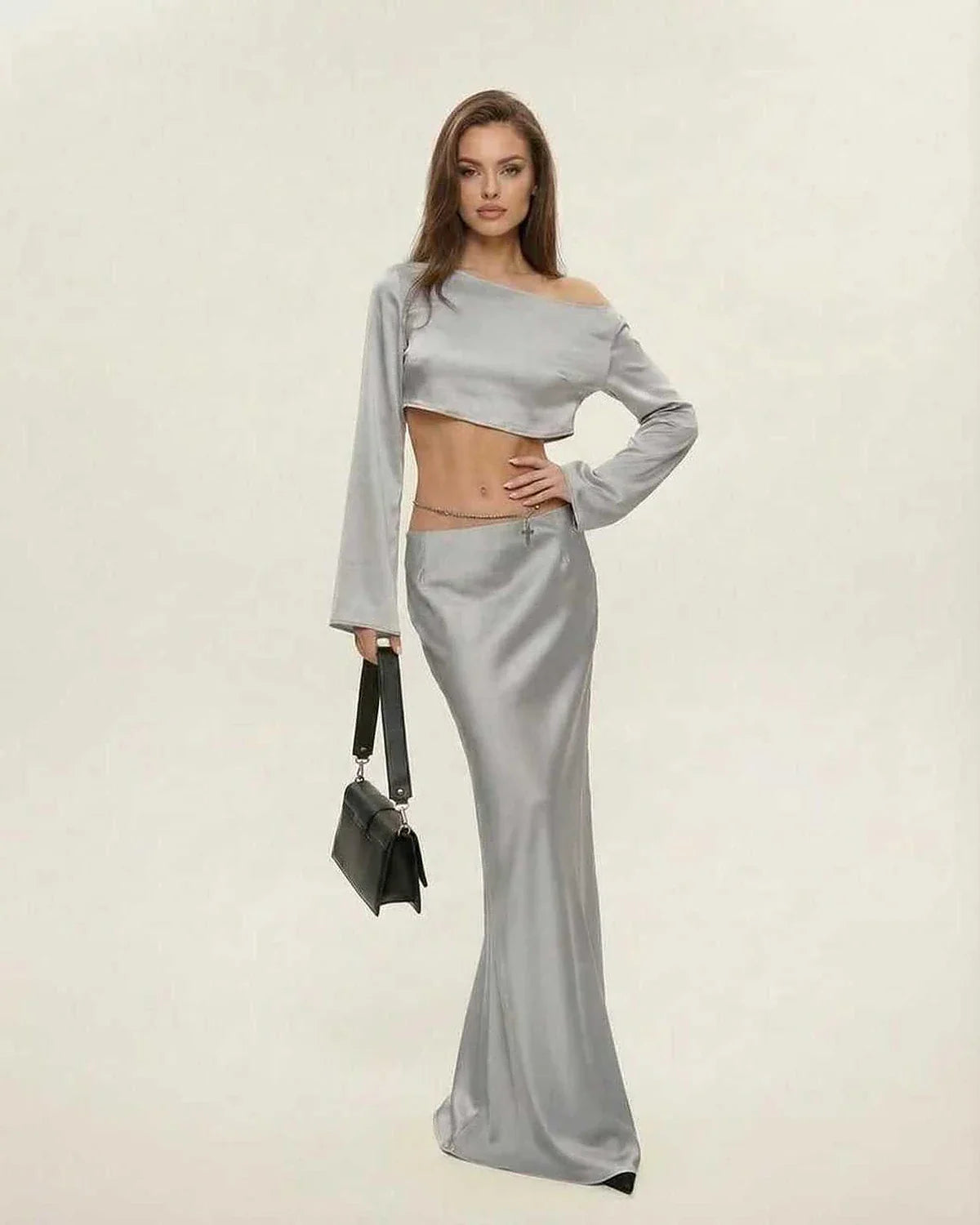 Silver Satin Wrap Round Neck Sleeveless Midi Dress | Gala Nights & Night Out, front view | Ramblion | SKU: NMD-582039471-silver-L-4380,NMD-582039471-silver-M-3729,NMD-582039471-silver-S-6980,NMD-582039471-silver-XL-9125,NMD-582039471-silver-XS-2735