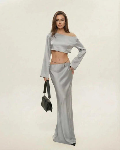 Silver Satin Wrap Round Neck Sleeveless Midi Dress | Gala Nights & Night Out, front view | Ramblion | SKU: NMD-582039471-silver-L-4380,NMD-582039471-silver-M-3729,NMD-582039471-silver-S-6980,NMD-582039471-silver-XL-9125,NMD-582039471-silver-XS-2735