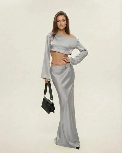 Silver Satin Wrap Round Neck Sleeveless Midi Dress | Gala Nights & Night Out, front view | Ramblion | SKU: NMD-582039471-silver-L-4380,NMD-582039471-silver-M-3729,NMD-582039471-silver-S-6980,NMD-582039471-silver-XL-9125,NMD-582039471-silver-XS-2735