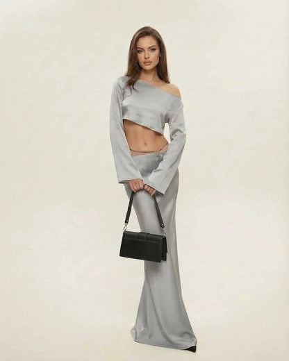 Silver Satin Wrap Round Neck Sleeveless Midi Dress | Gala Nights & Night Out, front view | Ramblion | SKU: NMD-582039471-silver-L-4380,NMD-582039471-silver-M-3729,NMD-582039471-silver-S-6980,NMD-582039471-silver-XL-9125,NMD-582039471-silver-XS-2735