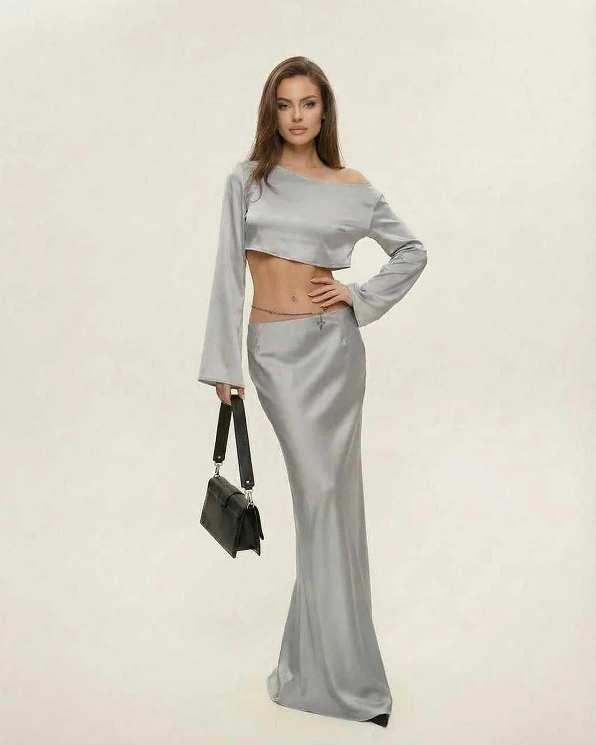 Silver Satin Wrap Round Neck Sleeveless Midi Dress | Gala Nights & Night Out, front view | Ramblion | SKU: NMD-582039471-silver-L-4380,NMD-582039471-silver-M-3729,NMD-582039471-silver-S-6980,NMD-582039471-silver-XL-9125,NMD-582039471-silver-XS-2735