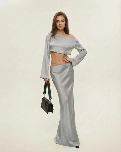 Silver Satin Wrap Round Neck Sleeveless Midi Dress | Gala Nights & Night Out, front view | Ramblion | SKU: NMD-582039471-silver-L-4380,NMD-582039471-silver-M-3729,NMD-582039471-silver-S-6980,NMD-582039471-silver-XL-9125,NMD-582039471-silver-XS-2735