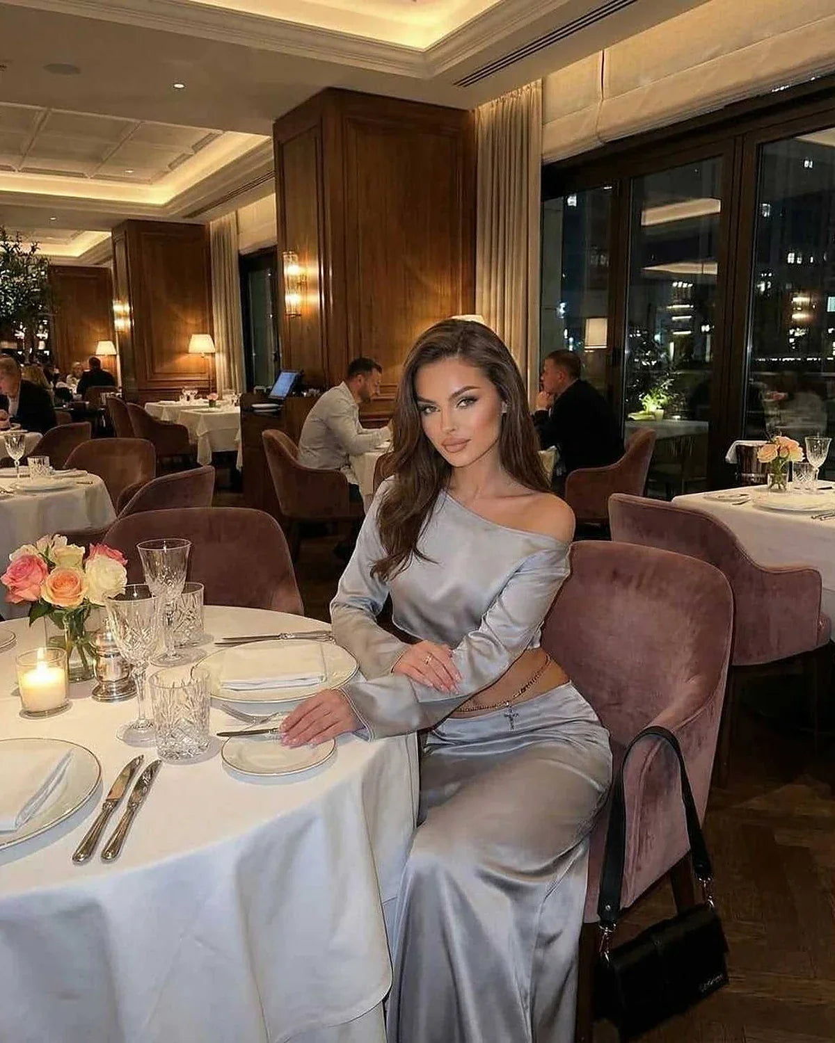 Silver Satin Wrap Round Neck Sleeveless Midi Dress | Gala Nights & Night Out, lifestyle shot | Ramblion | SKU: NMD-582039471-silver-L-4380,NMD-582039471-silver-M-3729,NMD-582039471-silver-S-6980,NMD-582039471-silver-XL-9125,NMD-582039471-silver-XS-2735