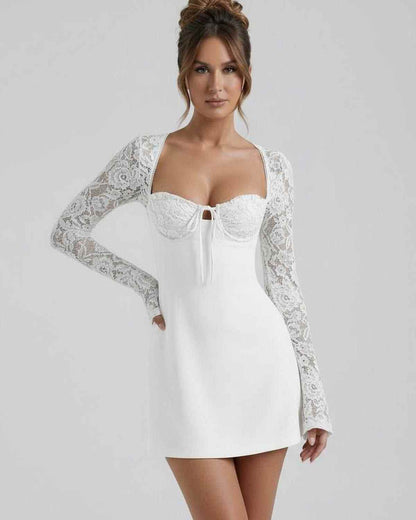 Lia Mini Dress by RAMBLION, featuring elegant lace sleeves and structured bust, perfect for modern femininity and special occasions.