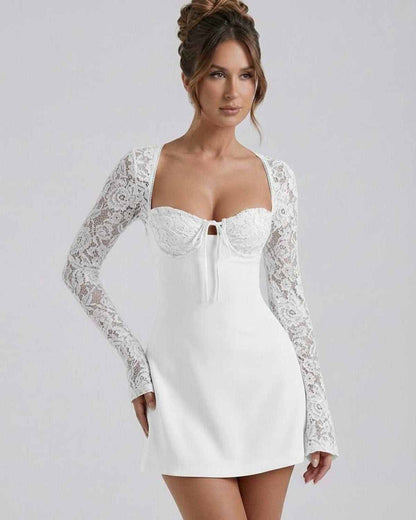 Lia Mini Dress by RAMBLION, white satin, lace sleeves, elegant structured bust, perfect for special occasions.