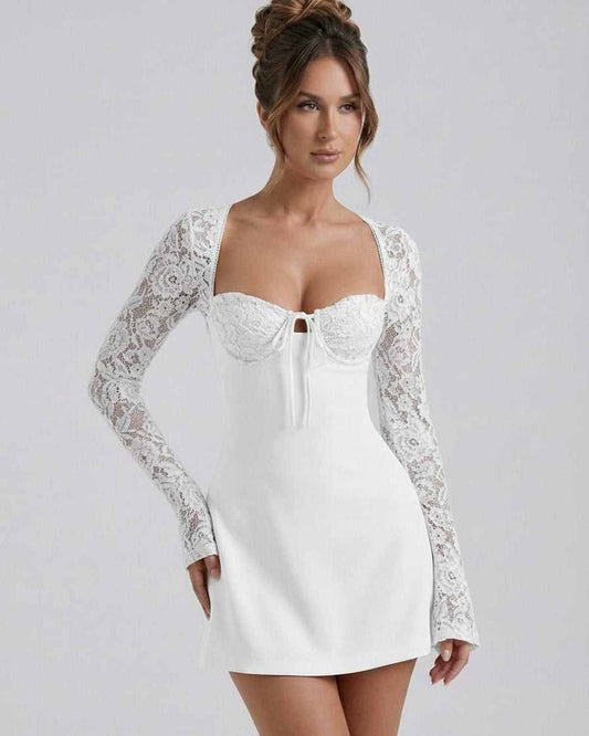 Lia Mini Dress by RAMBLION, white satin, lace sleeves, elegant structured bust, perfect for special occasions.