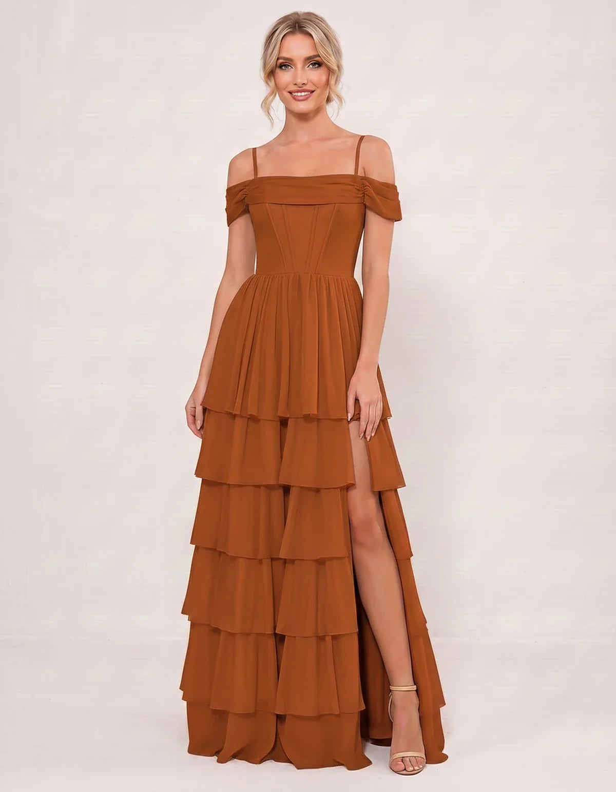 Light Blue Chiffon A-Line Maxi Dress, front view | Ramblion | SKU: SM-482716503918274-ORANGE-L,SM-482716503918274-ORANGE-M,SM-482716503918274-ORANGE-S,SM-482716503918274-ORANGE-XL,SM-482716503918274-ORANGE-XS