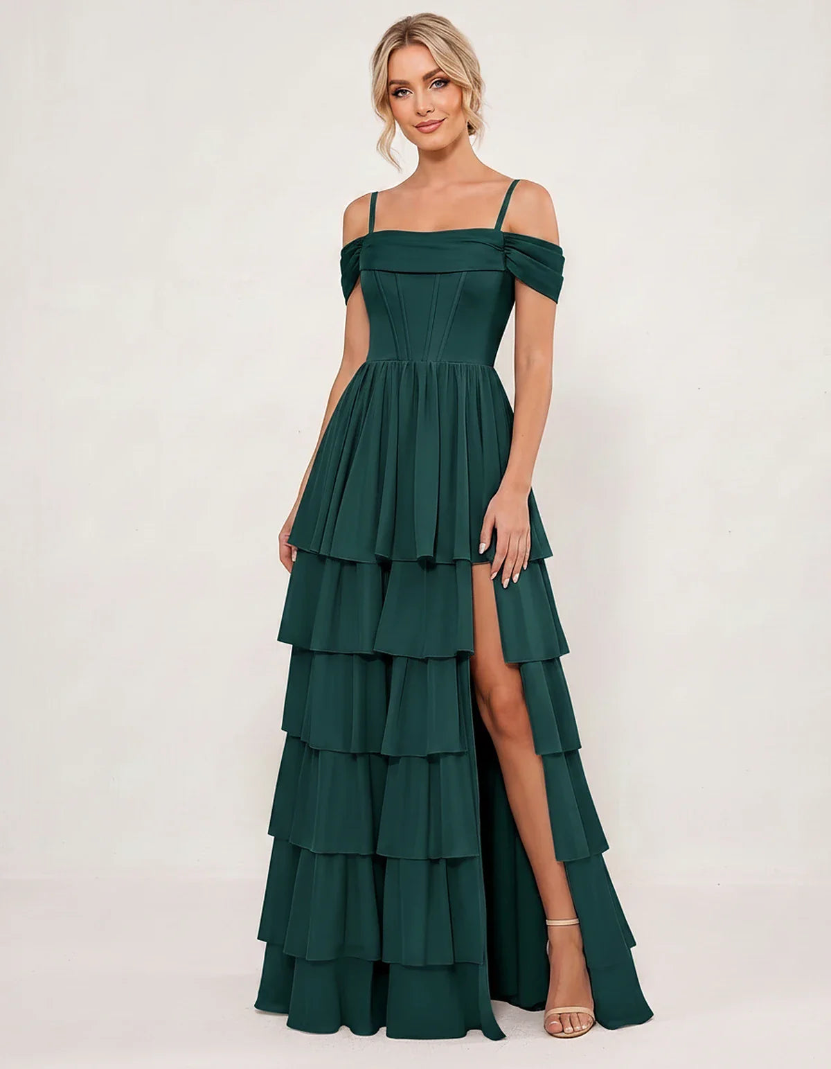 Light Blue Chiffon A-Line Maxi Dress, front view | Ramblion | SKU: SM-482716503918274-GREEN-L,SM-482716503918274-GREEN-M,SM-482716503918274-GREEN-S,SM-482716503918274-GREEN-XL,SM-482716503918274-GREEN-XS