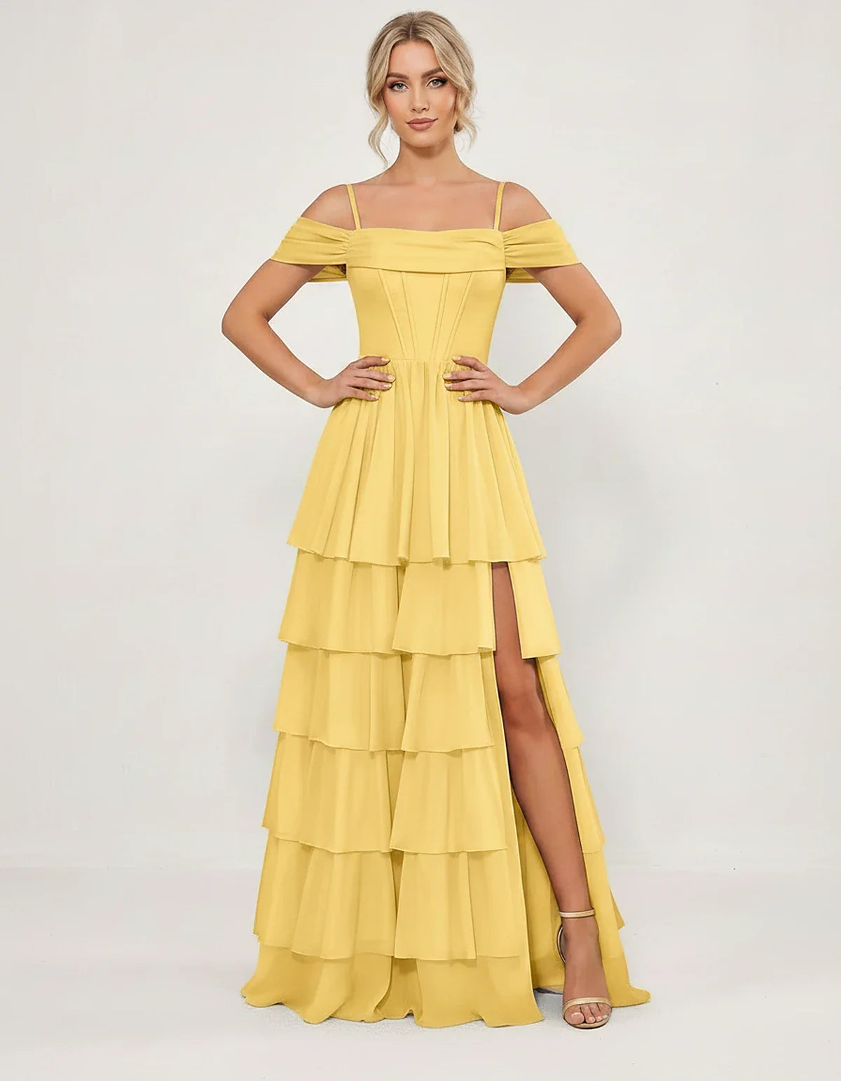 Light Blue Chiffon A-Line Maxi Dress, front view | Ramblion | SKU: SM-482716503918274-YELLOW-L,SM-482716503918274-YELLOW-M,SM-482716503918274-YELLOW-S,SM-482716503918274-YELLOW-XL,SM-482716503918274-YELLOW-XS