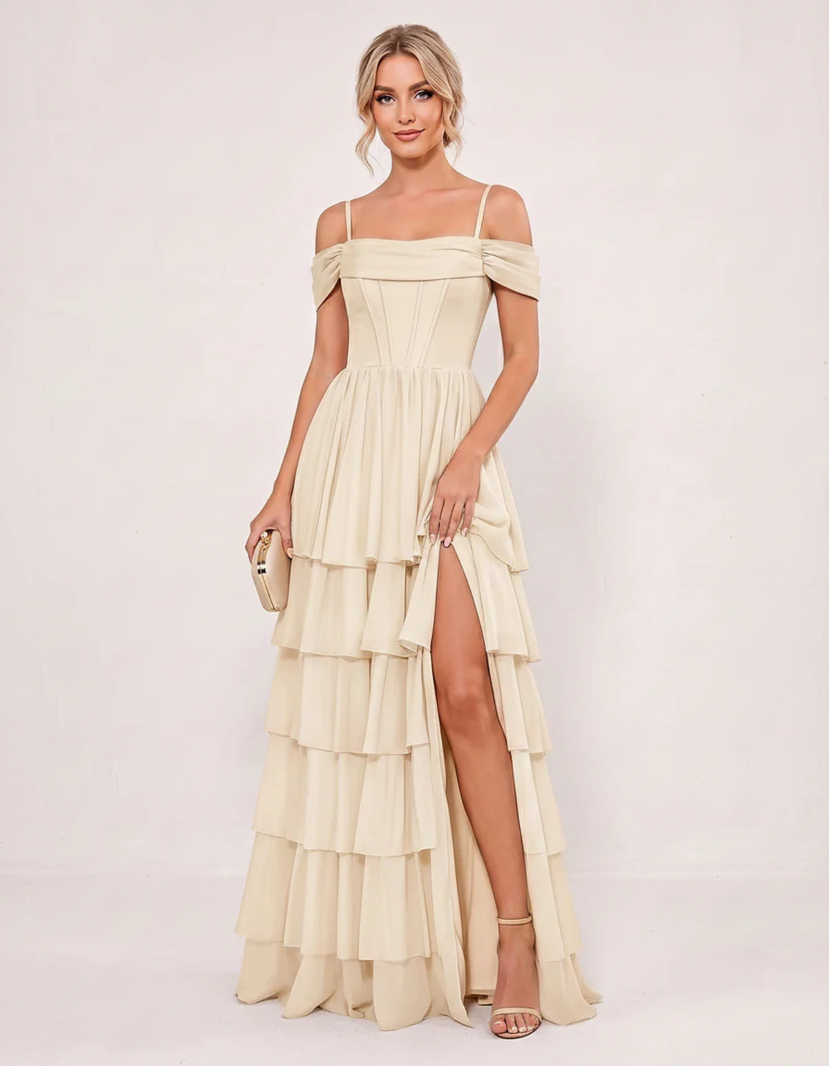 Light Blue Chiffon A-Line Maxi Dress, front view | Ramblion | SKU: SM-482716503918274-BEIGE-L,SM-482716503918274-BEIGE-M,SM-482716503918274-BEIGE-S,SM-482716503918274-BEIGE-XL,SM-482716503918274-BEIGE-XS
