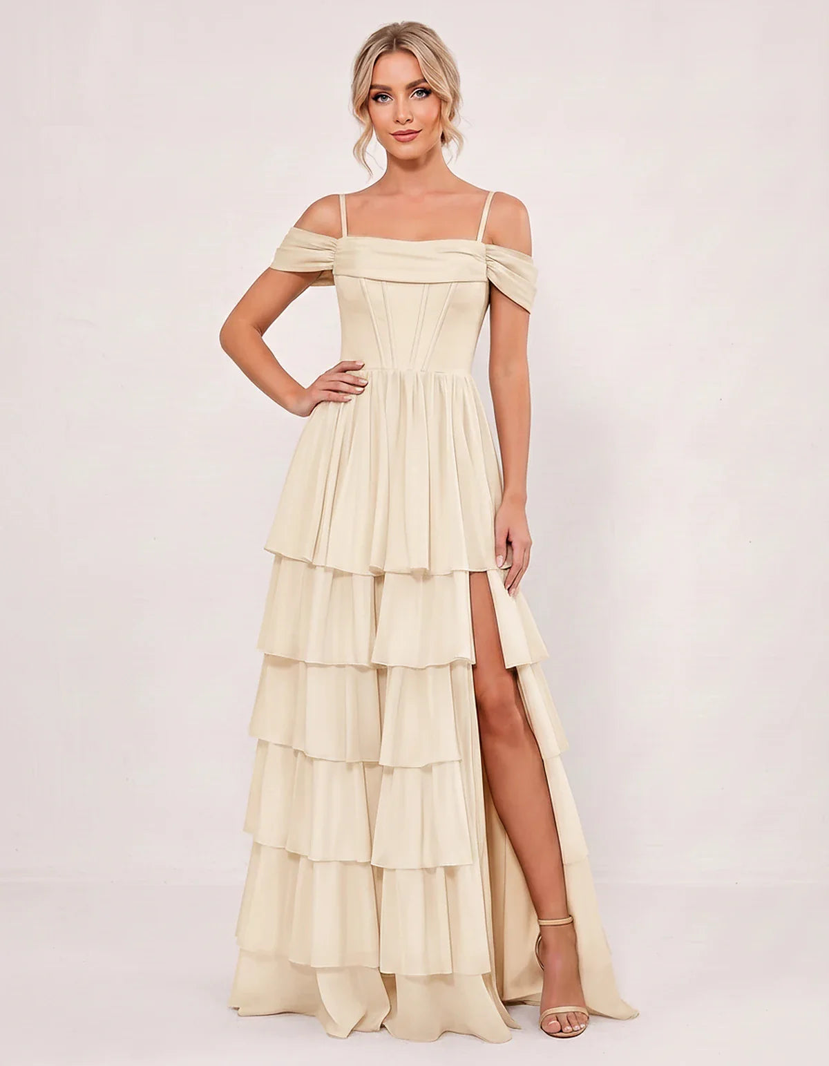 Light Blue Chiffon A-Line Maxi Dress, front view | Ramblion | SKU: SM-482716503918274-BEIGE-L,SM-482716503918274-BEIGE-M,SM-482716503918274-BEIGE-S,SM-482716503918274-BEIGE-XL,SM-482716503918274-BEIGE-XS