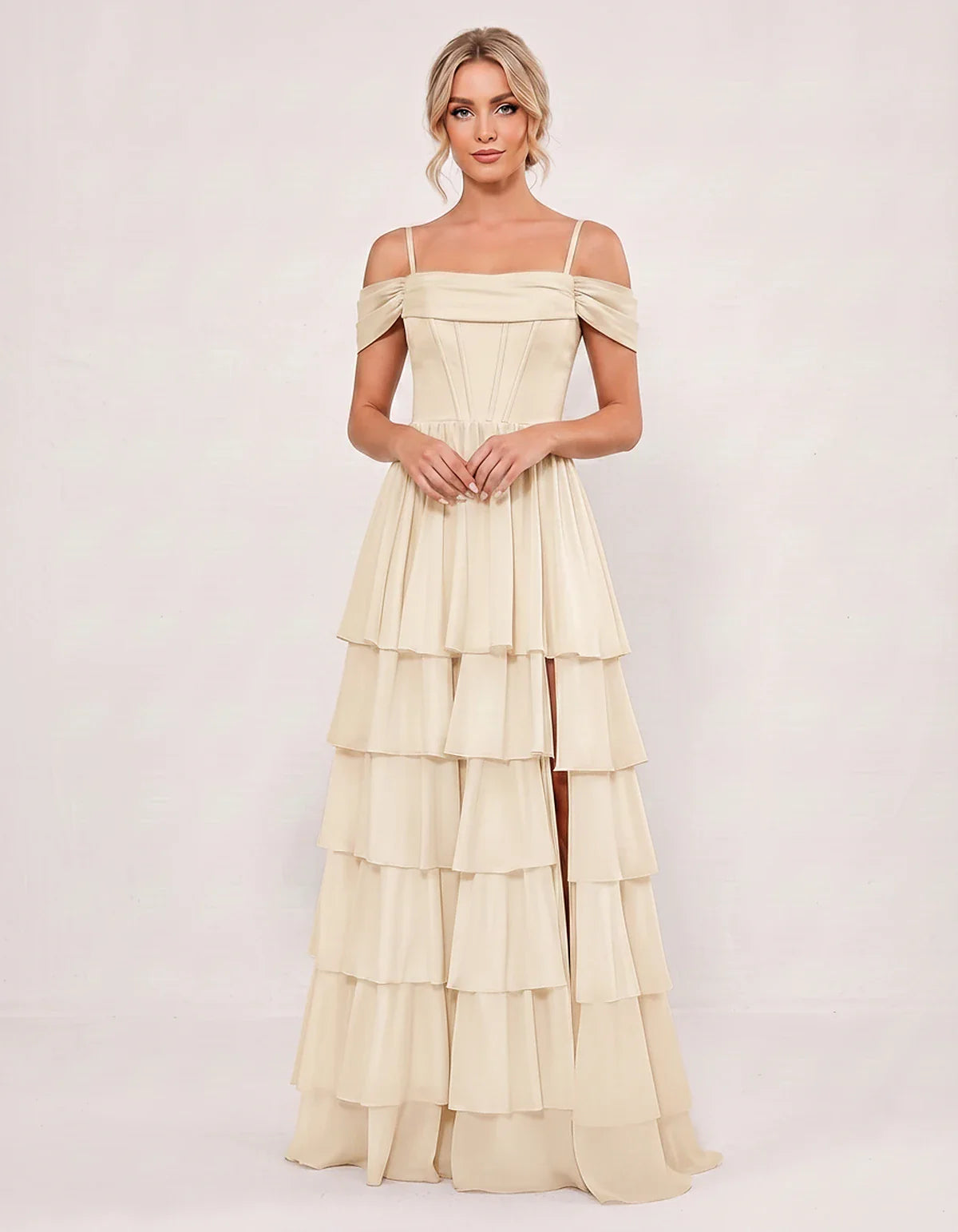 Light Blue Chiffon A-Line Maxi Dress, front view | Ramblion | SKU: SM-482716503918274-BEIGE-L,SM-482716503918274-BEIGE-M,SM-482716503918274-BEIGE-S,SM-482716503918274-BEIGE-XL,SM-482716503918274-BEIGE-XS