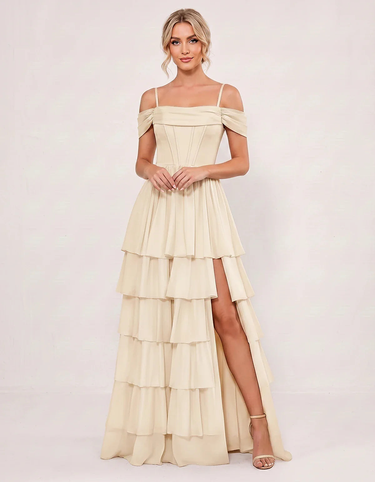 Light Blue Chiffon A-Line Maxi Dress, front view | Ramblion | SKU: SM-482716503918274-BEIGE-L,SM-482716503918274-BEIGE-M,SM-482716503918274-BEIGE-S,SM-482716503918274-BEIGE-XL,SM-482716503918274-BEIGE-XS