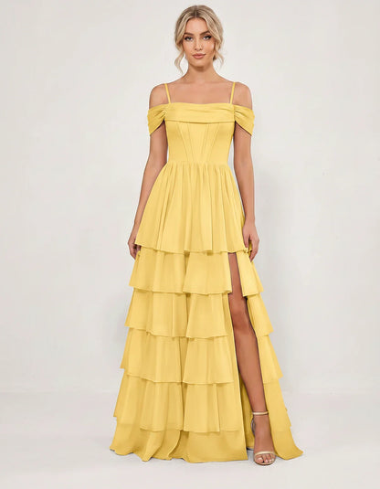 Light Blue Chiffon A-Line Maxi Dress in Yellow, front view | Ramblion