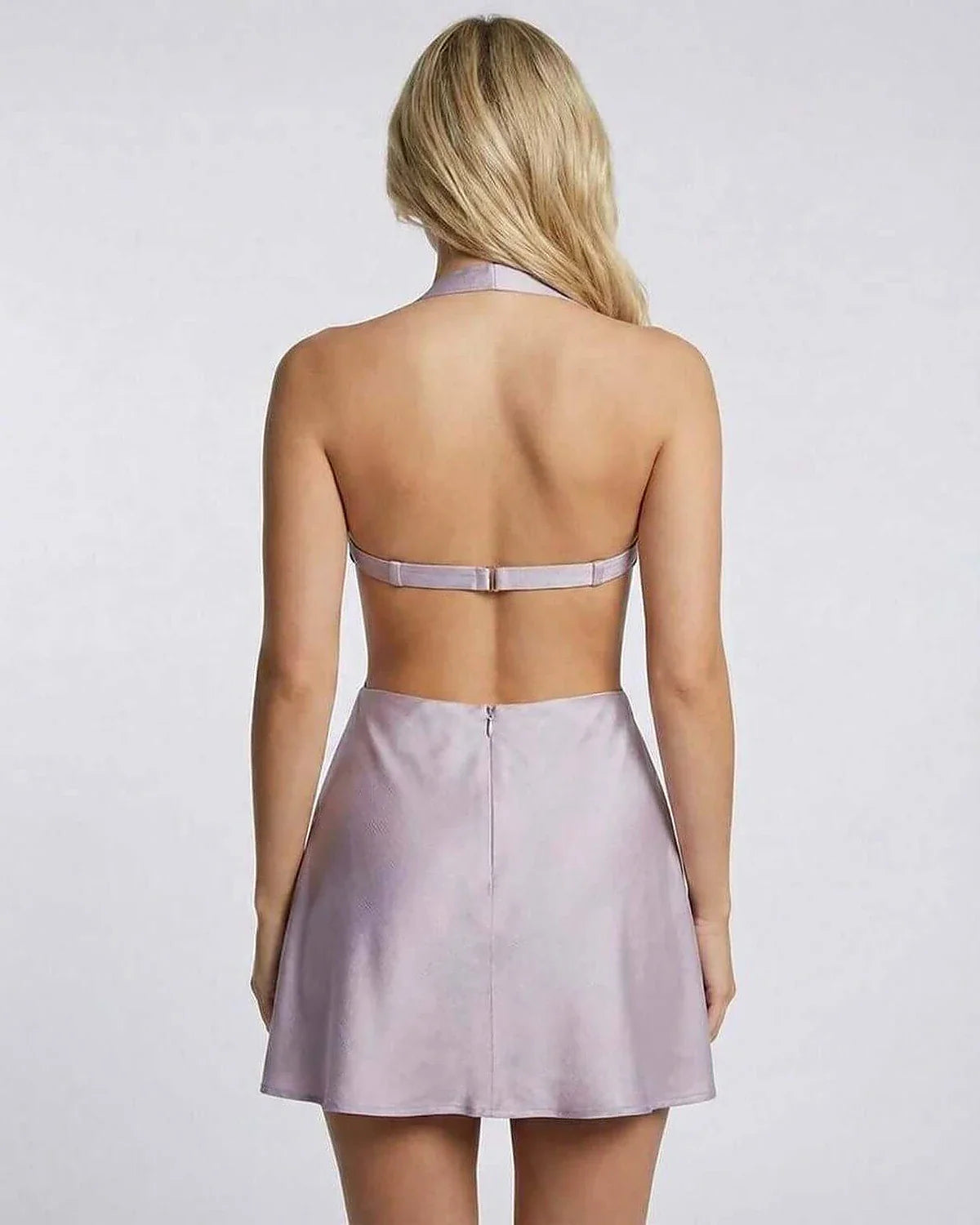 Lilac Satin A-line Halter Sleeveless Mini Dress | Weddings, back view | Ramblion | SKU: LMD-837492015-lilac-L-1159,LMD-837492015-lilac-M-5115,LMD-837492015-lilac-S-2850,LMD-837492015-lilac-XL-2933,LMD-837492015-lilac-XS-7402