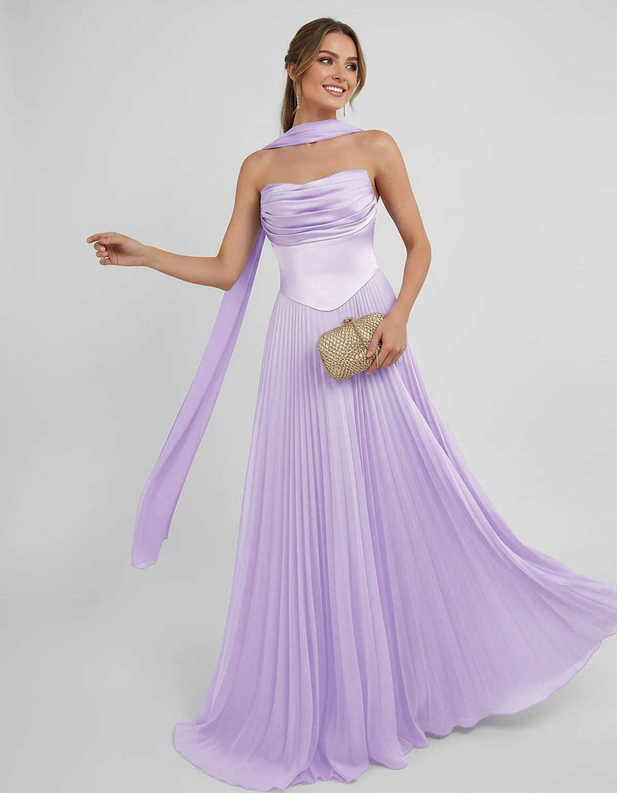 Lilac Satin A-Line One-Shoulder Sleeveless Maxi Dress, front view | Ramblion