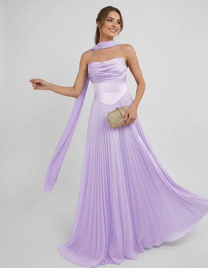 Lilac Satin A-Line One-Shoulder Sleeveless Maxi Dress, front view | Ramblion