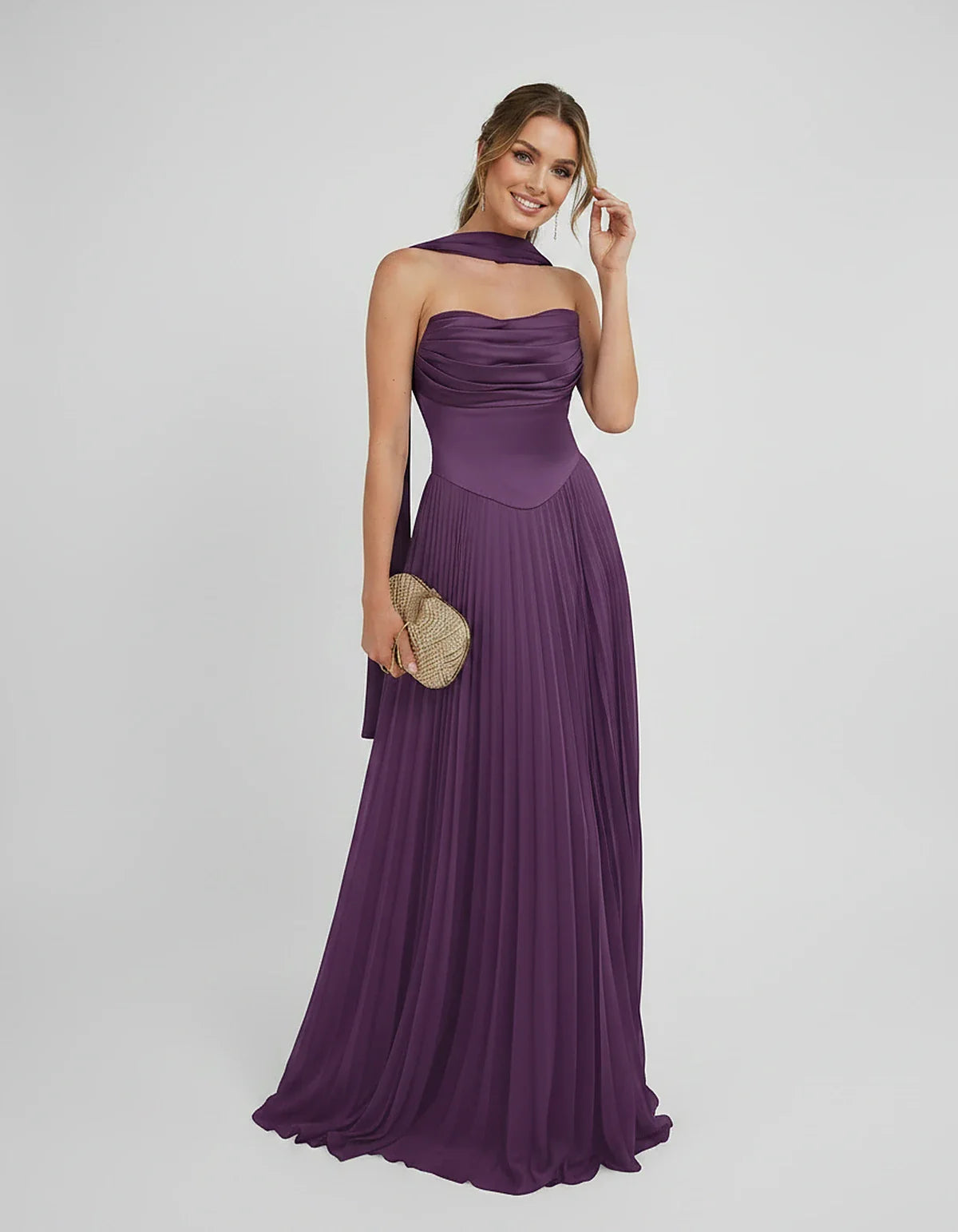 Lilac Satin A-Line One-Shoulder Sleeveless Maxi Dress, front view | Ramblion | SKU: SM-583714926184257-PURPLE-L,SM-583714926184257-PURPLE-M,SM-583714926184257-PURPLE-S,SM-583714926184257-PURPLE-XL,SM-583714926184257-PURPLE-XS