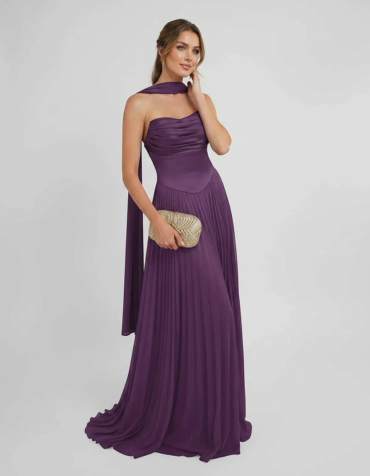 Lilac Satin A-Line One-Shoulder Sleeveless Maxi Dress, front view | Ramblion | SKU: SM-583714926184257-PURPLE-L,SM-583714926184257-PURPLE-M,SM-583714926184257-PURPLE-S,SM-583714926184257-PURPLE-XL,SM-583714926184257-PURPLE-XS