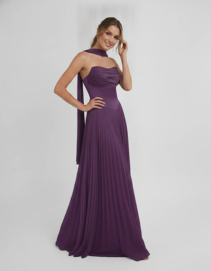 Lilac Satin A-Line One-Shoulder Sleeveless Maxi Dress, front view | Ramblion | SKU: SM-583714926184257-PURPLE-L,SM-583714926184257-PURPLE-M,SM-583714926184257-PURPLE-S,SM-583714926184257-PURPLE-XL,SM-583714926184257-PURPLE-XS