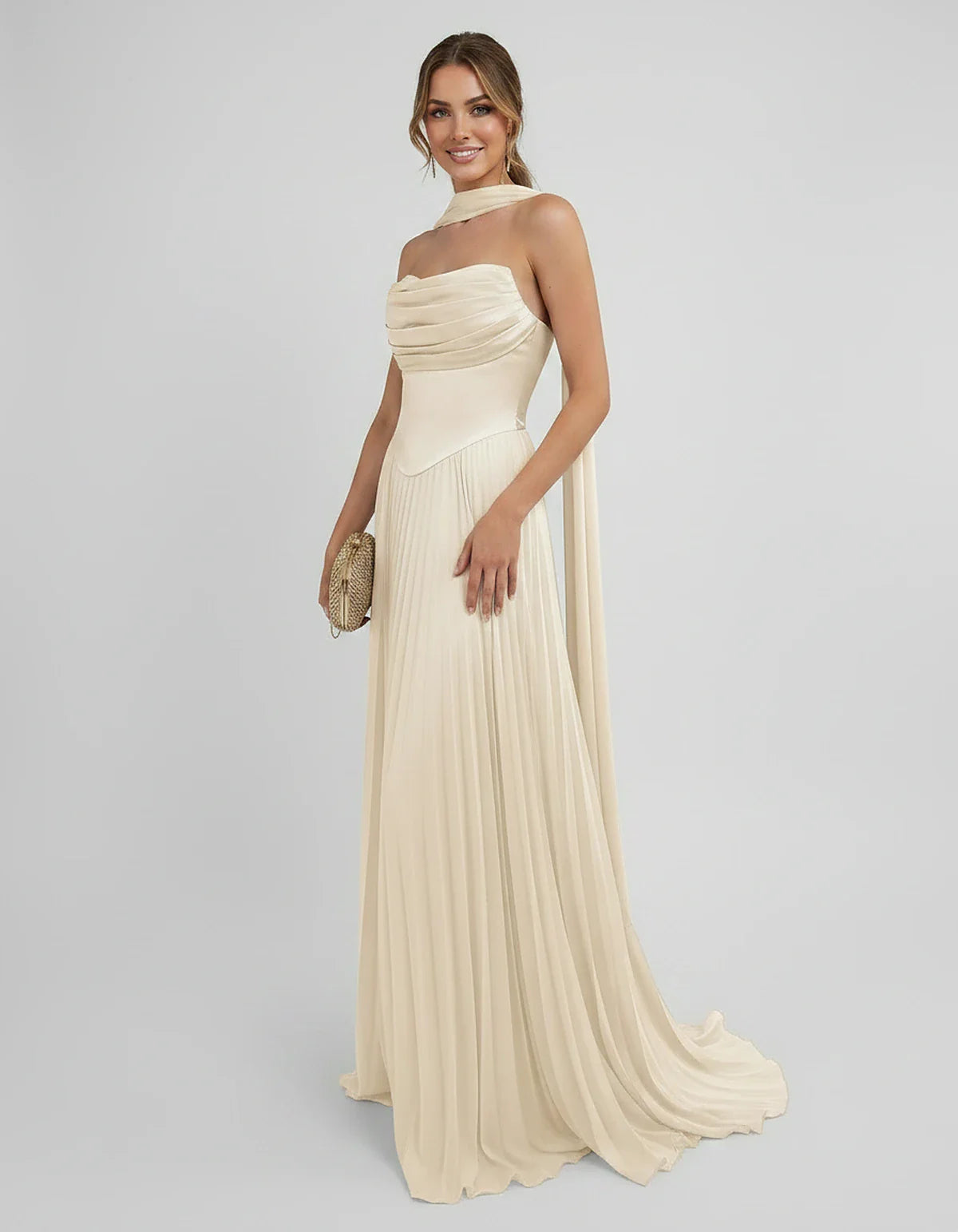 Lilac Satin A-Line One-Shoulder Sleeveless Maxi Dress, front view | Ramblion | SKU: SM-583714926184257-BEIGE-L,SM-583714926184257-BEIGE-M,SM-583714926184257-BEIGE-S,SM-583714926184257-BEIGE-XL,SM-583714926184257-BEIGE-XS