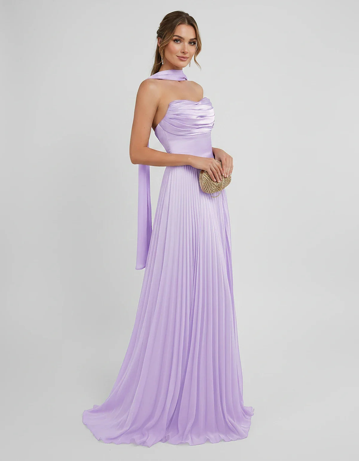 Lilac Satin A-Line One-Shoulder Sleeveless Maxi Dress, side view | Ramblion