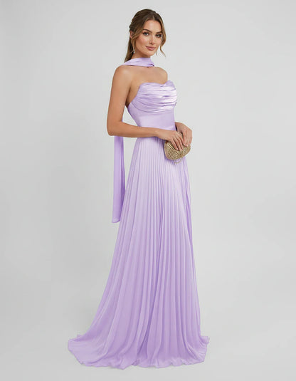 Lilac Satin A-Line One-Shoulder Sleeveless Maxi Dress, side view | Ramblion