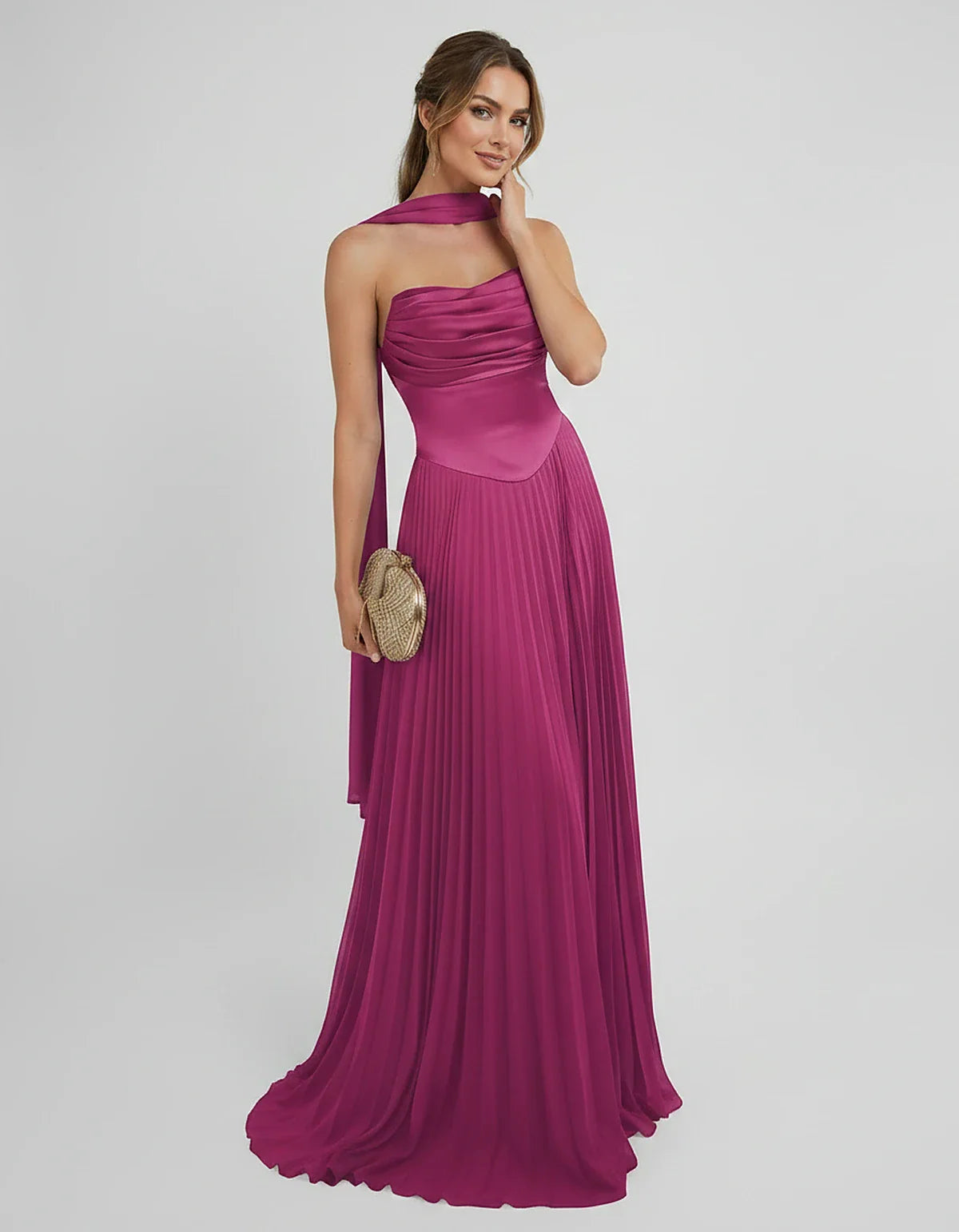 Lilac Satin A-Line One-Shoulder Sleeveless Maxi Dress, front view | Ramblion | SKU: SM-583714926184257-FUCHSIA-L,SM-583714926184257-FUCHSIA-M,SM-583714926184257-FUCHSIA-S,SM-583714926184257-FUCHSIA-XL,SM-583714926184257-FUCHSIA-XS