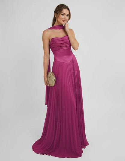 Lilac Satin A-Line One-Shoulder Sleeveless Maxi Dress, front view | Ramblion | SKU: SM-583714926184257-FUCHSIA-L,SM-583714926184257-FUCHSIA-M,SM-583714926184257-FUCHSIA-S,SM-583714926184257-FUCHSIA-XL,SM-583714926184257-FUCHSIA-XS