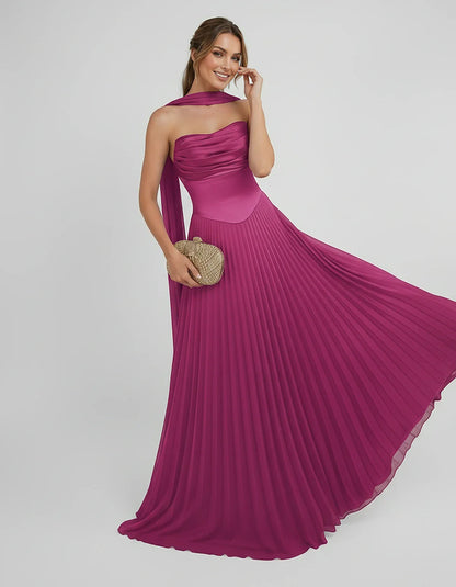 Lilac Satin A-Line One-Shoulder Sleeveless Maxi Dress, front view | Ramblion | SKU: SM-583714926184257-FUCHSIA-L,SM-583714926184257-FUCHSIA-M,SM-583714926184257-FUCHSIA-S,SM-583714926184257-FUCHSIA-XL,SM-583714926184257-FUCHSIA-XS