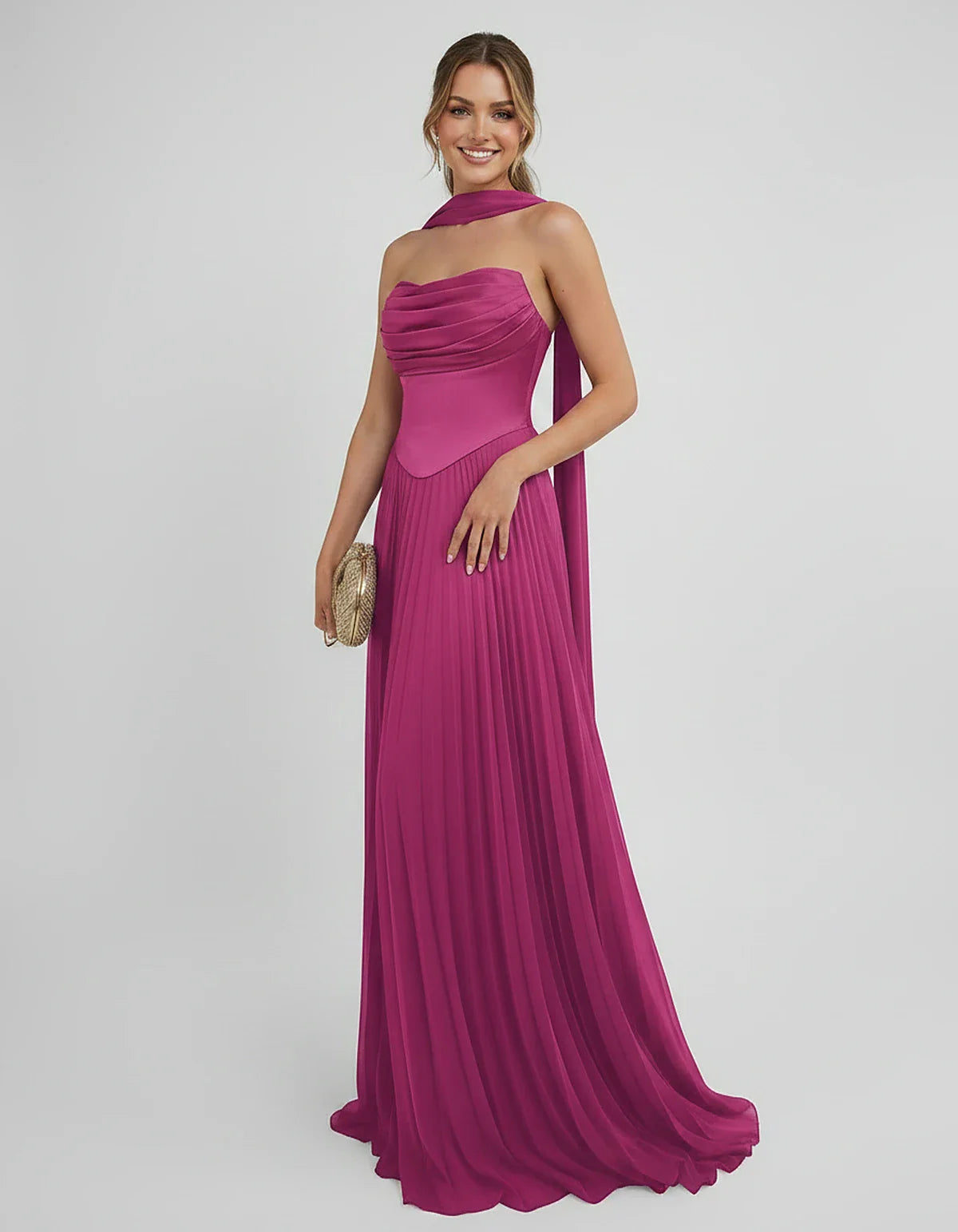 Lilac Satin A-Line One-Shoulder Sleeveless Maxi Dress, front view | Ramblion | SKU: SM-583714926184257-FUCHSIA-L,SM-583714926184257-FUCHSIA-M,SM-583714926184257-FUCHSIA-S,SM-583714926184257-FUCHSIA-XL,SM-583714926184257-FUCHSIA-XS