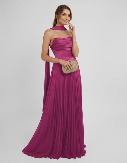Lilac Satin A-Line One-Shoulder Sleeveless Maxi Dress, front view | Ramblion | SKU: SM-583714926184257-FUCHSIA-L,SM-583714926184257-FUCHSIA-M,SM-583714926184257-FUCHSIA-S,SM-583714926184257-FUCHSIA-XL,SM-583714926184257-FUCHSIA-XS