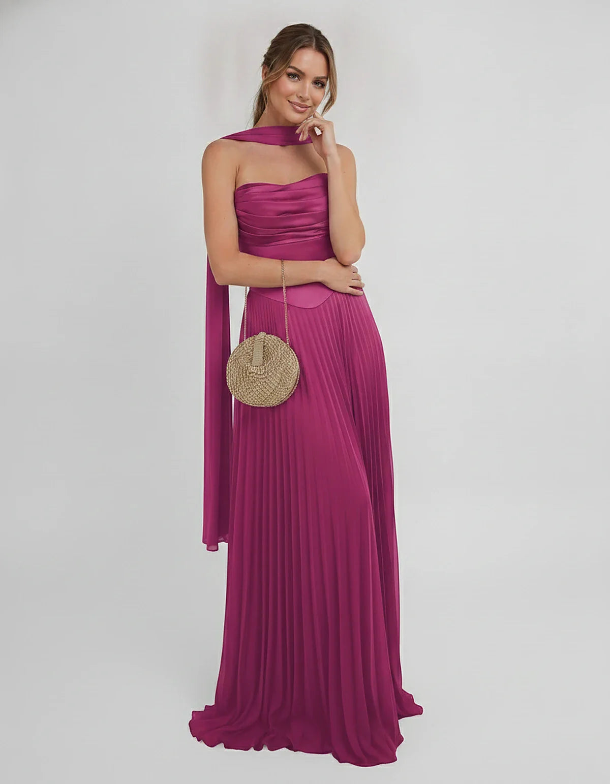 Lilac Satin A-Line One-Shoulder Sleeveless Maxi Dress, front view | Ramblion | SKU: SM-583714926184257-FUCHSIA-L,SM-583714926184257-FUCHSIA-M,SM-583714926184257-FUCHSIA-S,SM-583714926184257-FUCHSIA-XL,SM-583714926184257-FUCHSIA-XS