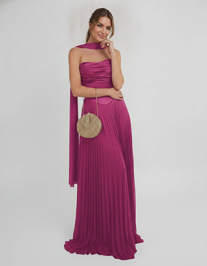 Lilac Satin A-Line One-Shoulder Sleeveless Maxi Dress, front view | Ramblion | SKU: SM-583714926184257-FUCHSIA-L,SM-583714926184257-FUCHSIA-M,SM-583714926184257-FUCHSIA-S,SM-583714926184257-FUCHSIA-XL,SM-583714926184257-FUCHSIA-XS