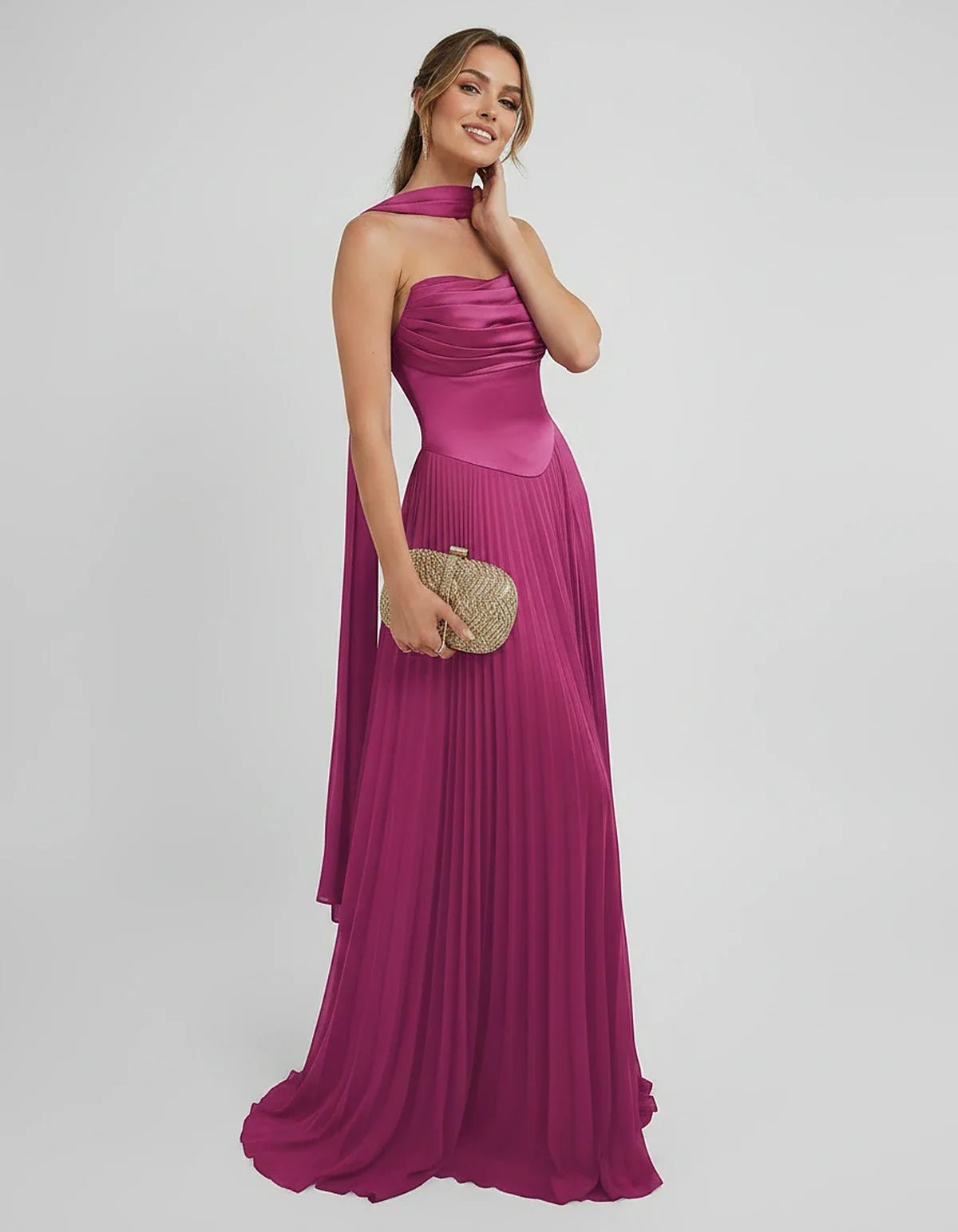 Lilac Satin A-Line One-Shoulder Sleeveless Maxi Dress, side view | Ramblion | SKU: SM-583714926184257-FUCHSIA-L,SM-583714926184257-FUCHSIA-M,SM-583714926184257-FUCHSIA-S,SM-583714926184257-FUCHSIA-XL,SM-583714926184257-FUCHSIA-XS
