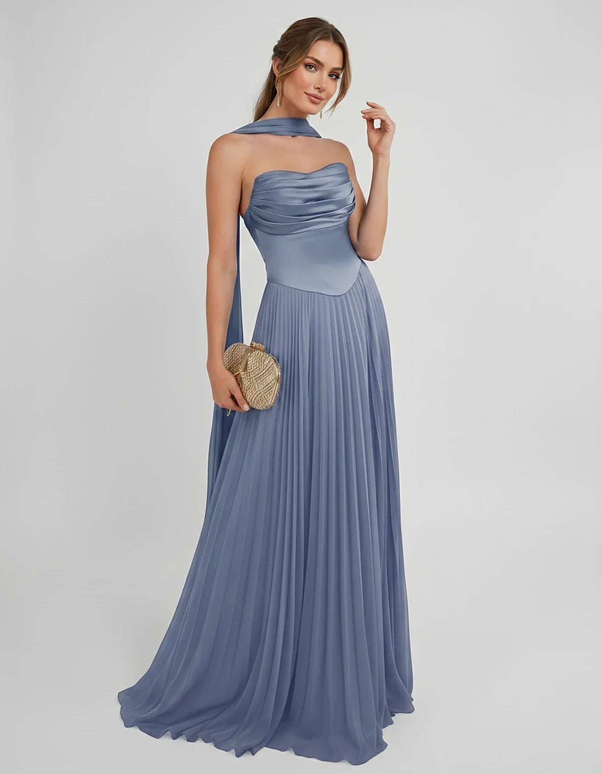 Lilac Satin A-Line One-Shoulder Sleeveless Maxi Dress, front view | Ramblion | SKU: SM-583714926184257-DUSTYBLUE-L,SM-583714926184257-DUSTYBLUE-M,SM-583714926184257-DUSTYBLUE-S,SM-583714926184257-DUSTYBLUE-XL,SM-583714926184257-DUSTYBLUE-XS