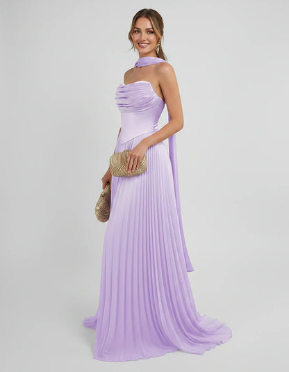 Lilac Satin A-Line One-Shoulder Sleeveless Maxi Dress, side view | Ramblion