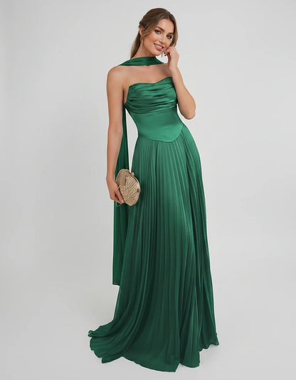 Lilac Satin A-Line One-Shoulder Sleeveless Maxi Dress, front view | Ramblion | SKU: SM-583714926184257-GREEN-L,SM-583714926184257-GREEN-M,SM-583714926184257-GREEN-S,SM-583714926184257-GREEN-XL,SM-583714926184257-GREEN-XS