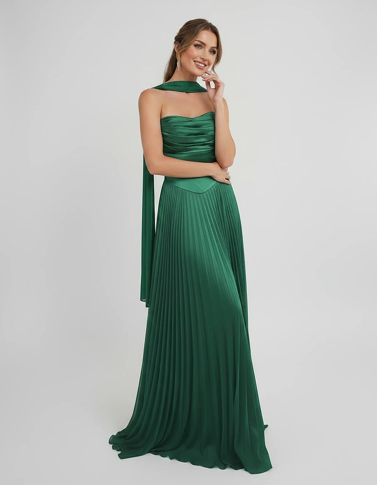 Lilac Satin A-Line One-Shoulder Sleeveless Maxi Dress, front view | Ramblion | SKU: SM-583714926184257-GREEN-L,SM-583714926184257-GREEN-M,SM-583714926184257-GREEN-S,SM-583714926184257-GREEN-XL,SM-583714926184257-GREEN-XS