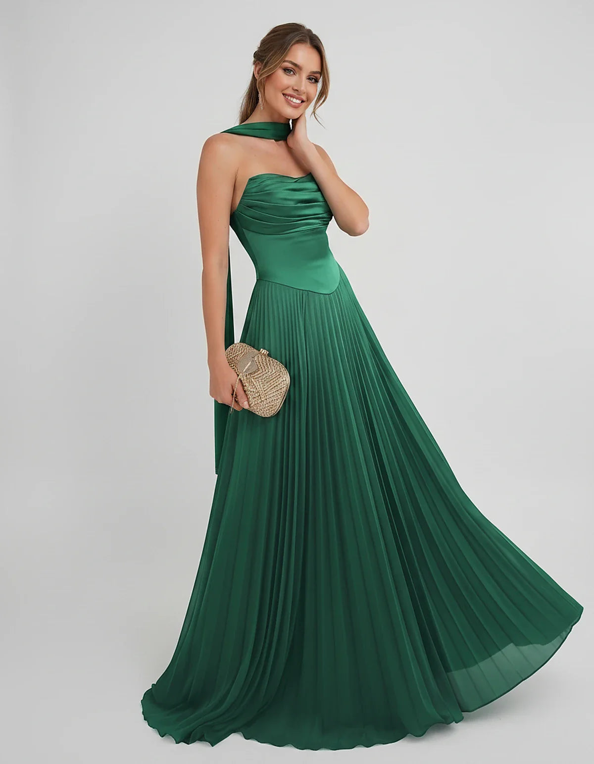 Lilac Satin A-Line One-Shoulder Sleeveless Maxi Dress, front view | Ramblion | SKU: SM-583714926184257-GREEN-L,SM-583714926184257-GREEN-M,SM-583714926184257-GREEN-S,SM-583714926184257-GREEN-XL,SM-583714926184257-GREEN-XS