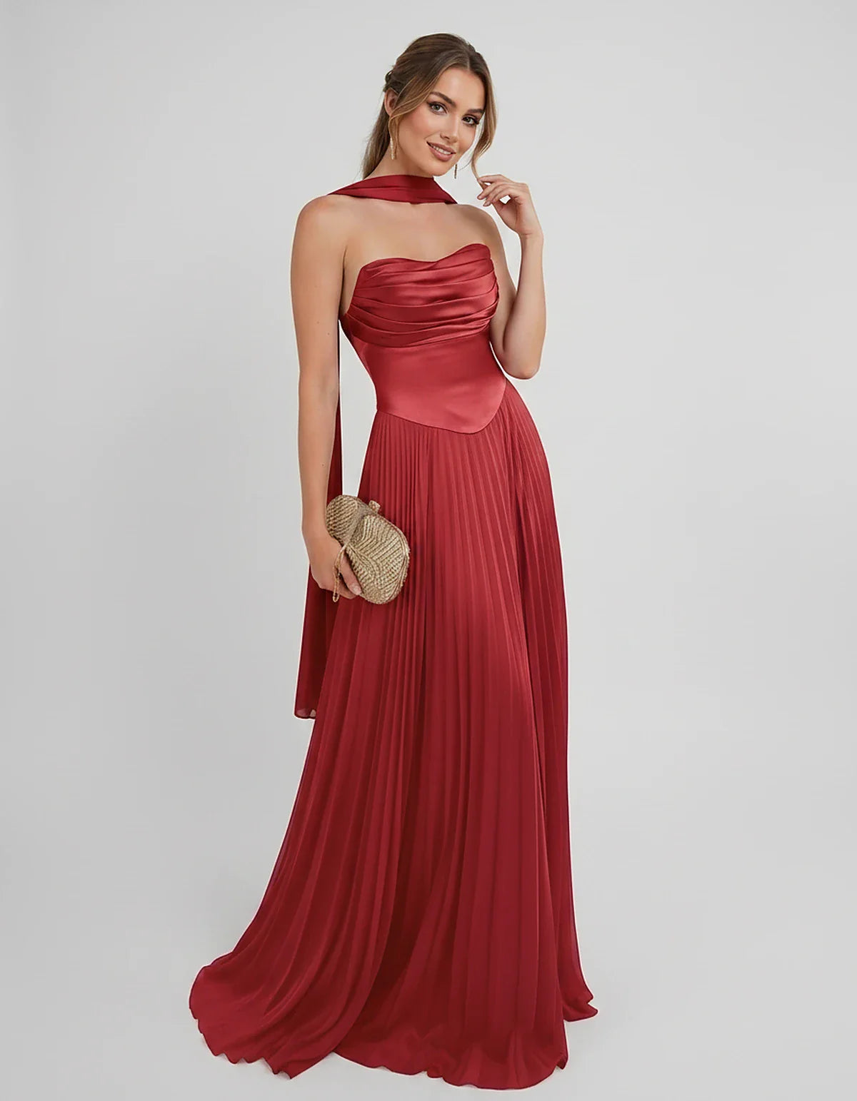 Lilac Satin A-Line One-Shoulder Sleeveless Maxi Dress, front view | Ramblion | SKU: SM-583714926184257-RED-L,SM-583714926184257-RED-M,SM-583714926184257-RED-S,SM-583714926184257-RED-XL,SM-583714926184257-RED-XS
