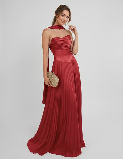 Lilac Satin A-Line One-Shoulder Sleeveless Maxi Dress, front view | Ramblion | SKU: SM-583714926184257-RED-L,SM-583714926184257-RED-M,SM-583714926184257-RED-S,SM-583714926184257-RED-XL,SM-583714926184257-RED-XS