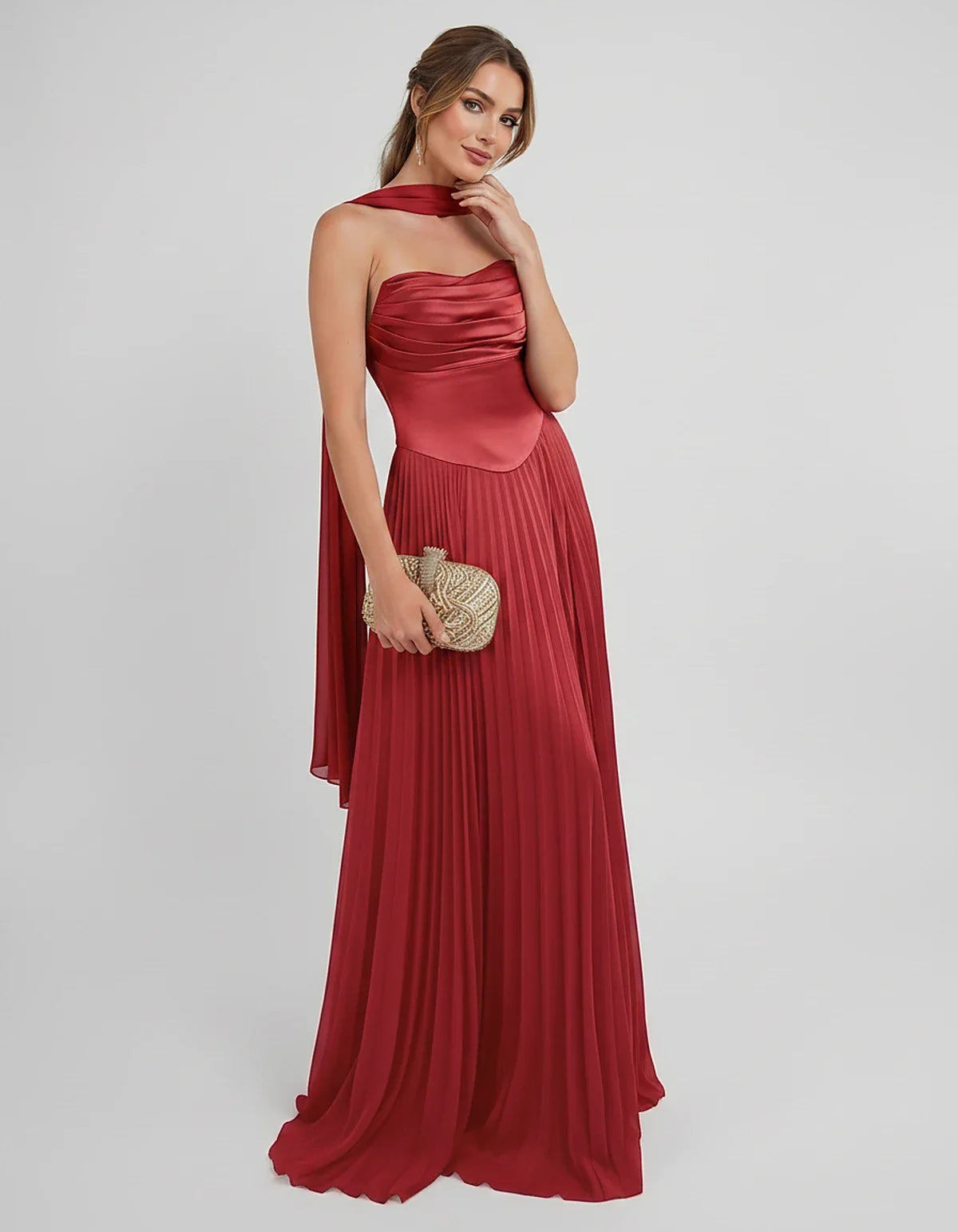 Lilac Satin A-Line One-Shoulder Sleeveless Maxi Dress, front view | Ramblion | SKU: SM-583714926184257-RED-L,SM-583714926184257-RED-M,SM-583714926184257-RED-S,SM-583714926184257-RED-XL,SM-583714926184257-RED-XS