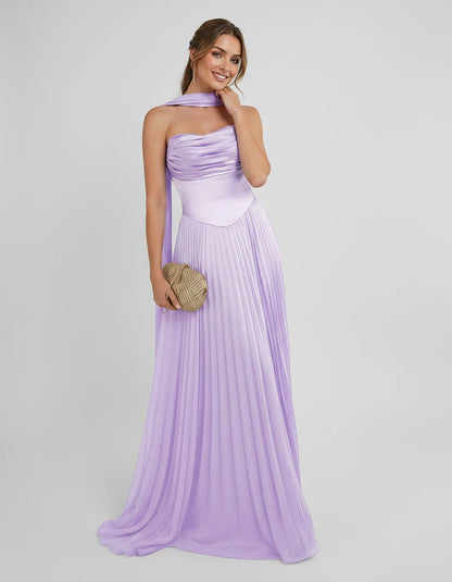 Lilac Satin A-Line One-Shoulder Sleeveless Maxi Dress, front view | Ramblion