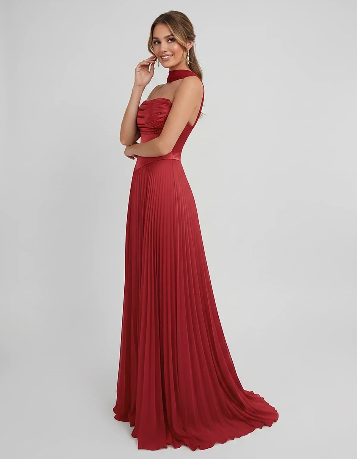 Lilac Satin A-Line One-Shoulder Sleeveless Maxi Dress, side view | Ramblion | SKU: SM-583714926184257-RED-L,SM-583714926184257-RED-M,SM-583714926184257-RED-S,SM-583714926184257-RED-XL,SM-583714926184257-RED-XS