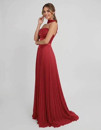 Lilac Satin A-Line One-Shoulder Sleeveless Maxi Dress, side view | Ramblion | SKU: SM-583714926184257-RED-L,SM-583714926184257-RED-M,SM-583714926184257-RED-S,SM-583714926184257-RED-XL,SM-583714926184257-RED-XS