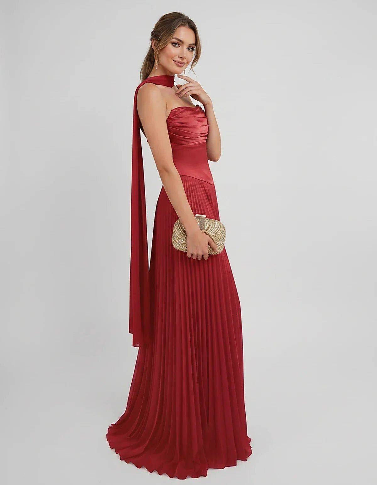 Lilac Satin A-Line One-Shoulder Sleeveless Maxi Dress, side view | Ramblion | SKU: SM-583714926184257-RED-L,SM-583714926184257-RED-M,SM-583714926184257-RED-S,SM-583714926184257-RED-XL,SM-583714926184257-RED-XS