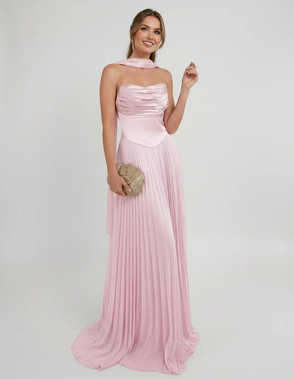 Lilac Satin A-Line One-Shoulder Sleeveless Maxi Dress, front view | Ramblion | SKU: SM-583714926184257-PINK-L,SM-583714926184257-PINK-M,SM-583714926184257-PINK-S,SM-583714926184257-PINK-XL,SM-583714926184257-PINK-XS