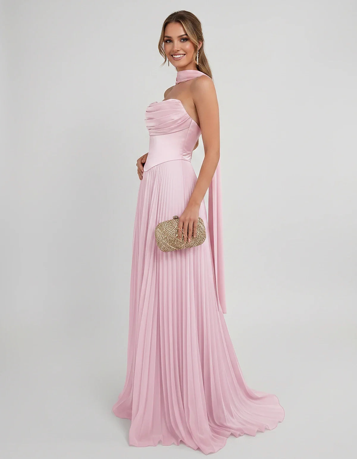 Lilac Satin A-Line One-Shoulder Sleeveless Maxi Dress, side view | Ramblion | SKU: SM-583714926184257-PINK-L,SM-583714926184257-PINK-M,SM-583714926184257-PINK-S,SM-583714926184257-PINK-XL,SM-583714926184257-PINK-XS